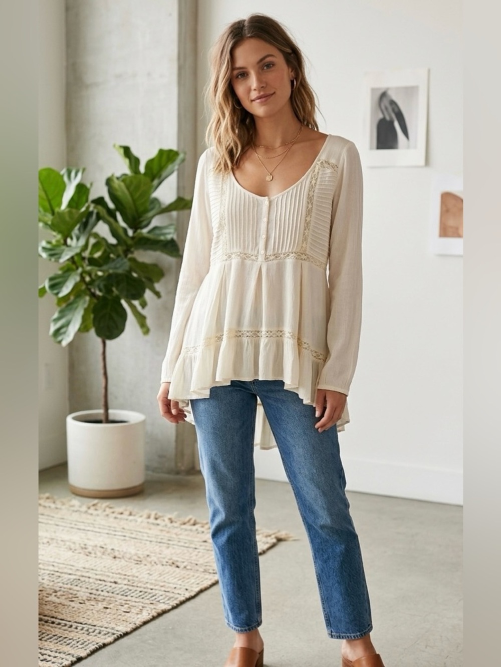 Free People Jeanette peasant tunic top Ivory Lace Ruffle Hem Long Sleeve - Picture 1 of 6